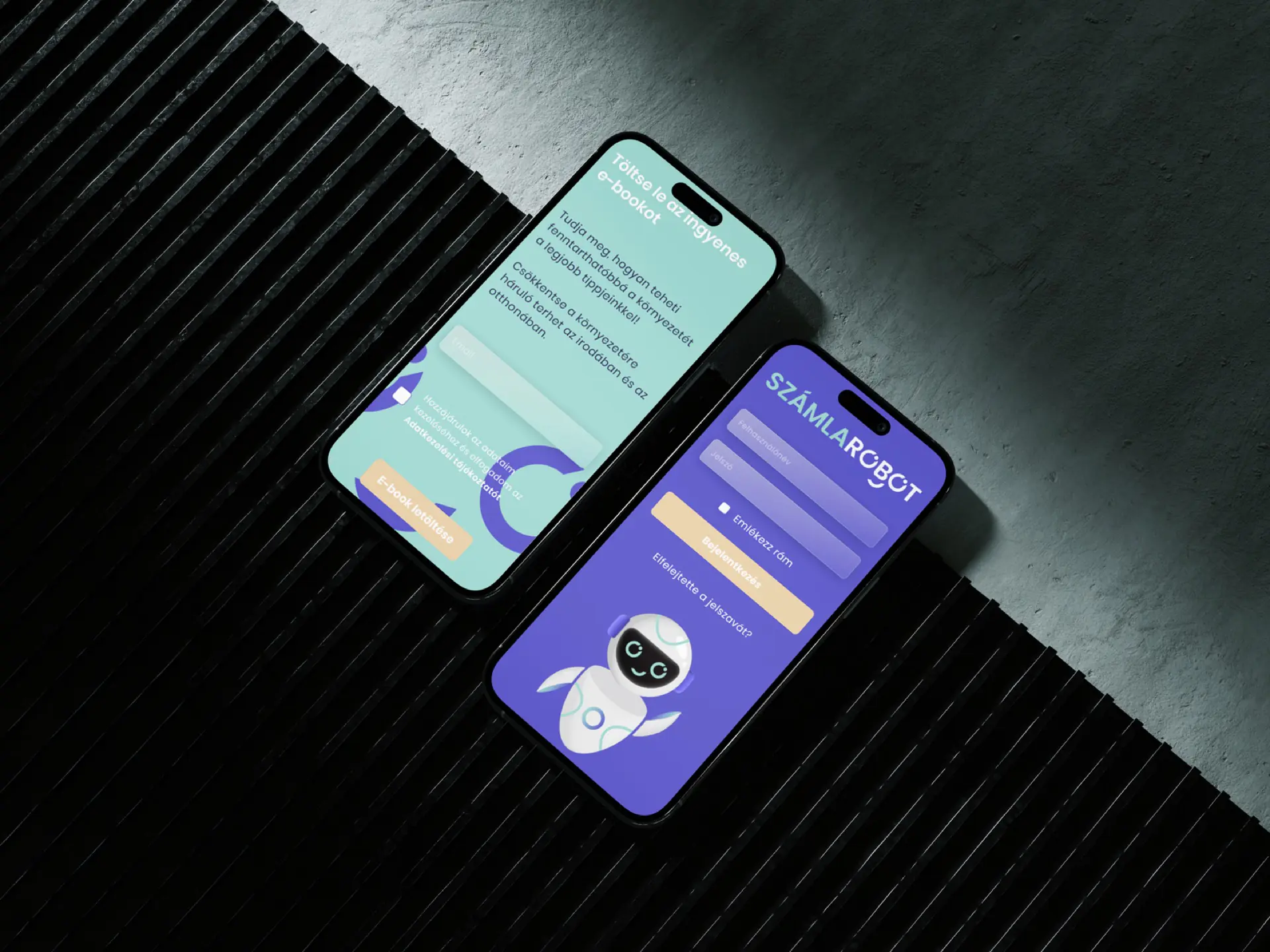Két mobiltelefon a Számlarobot bejelentkező képernyőjével és egy e-book letöltő oldallal