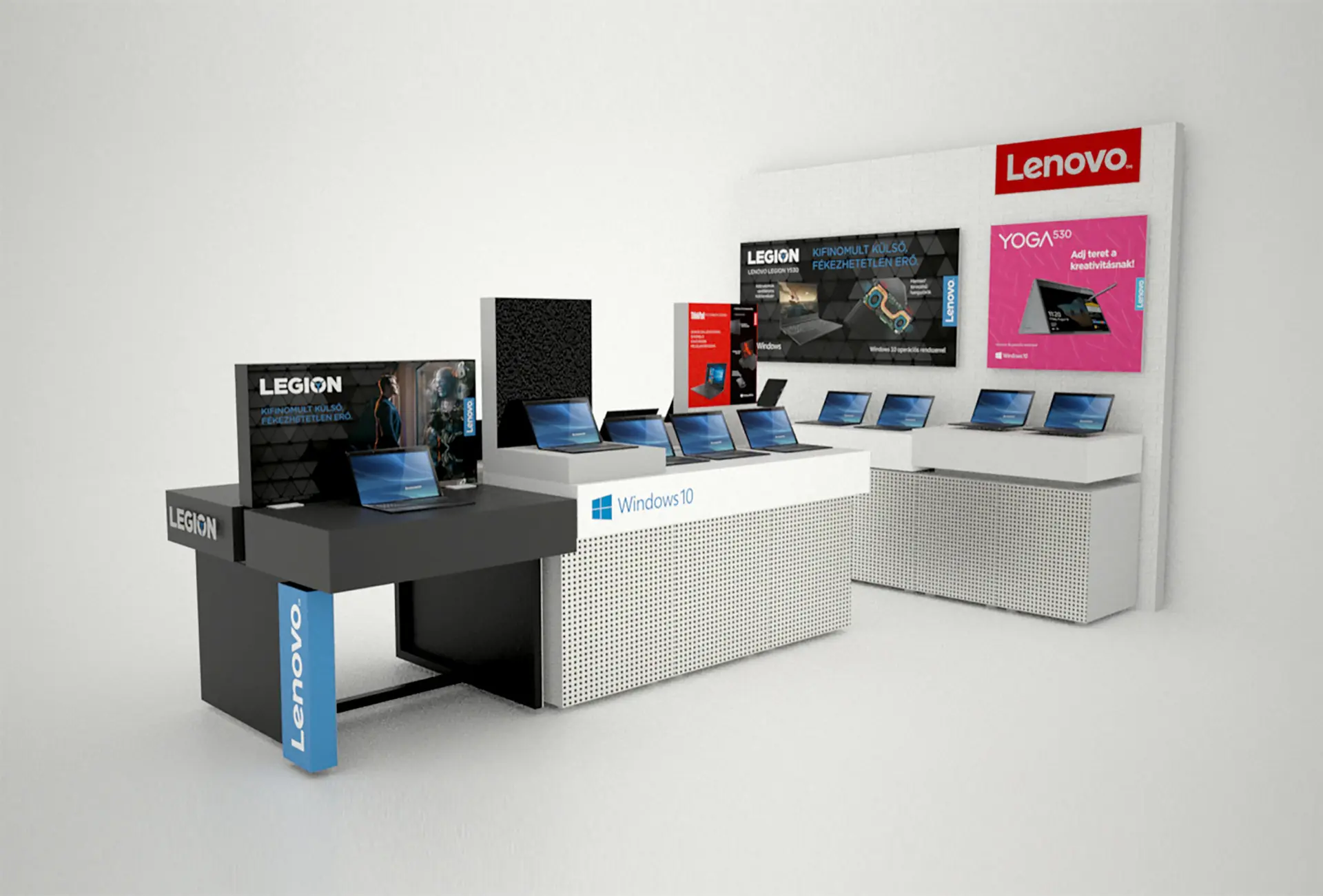 Lenovo Legion értékesítési display 3D látványterve laptopokkal és márkás grafikákkal