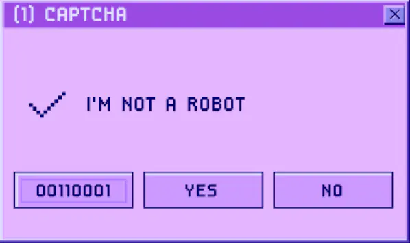 Retró stílusú captcha ablak „I'm not a robot” felirattal, YES és NO gombokkal