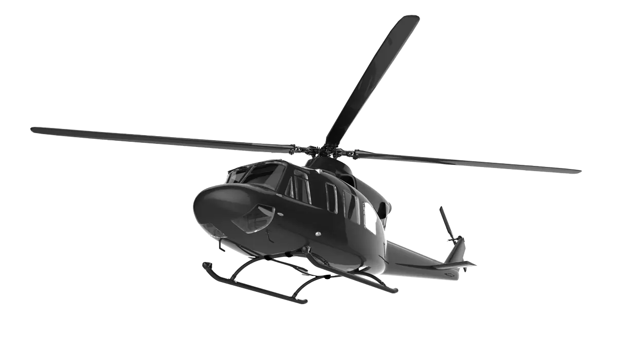 Fekete helikopter háromnegyed nézetből, álló rotorlapátokkal