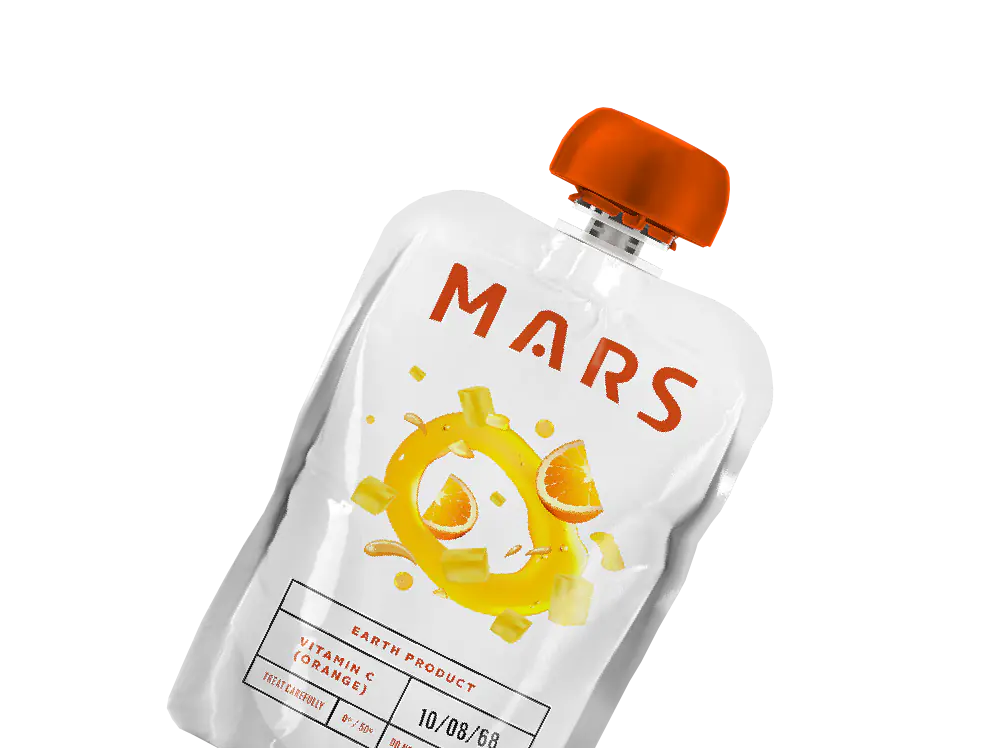 Űrhajósoknak való ételtasak MARS felirattal, narancsos C-vitamin töltettel