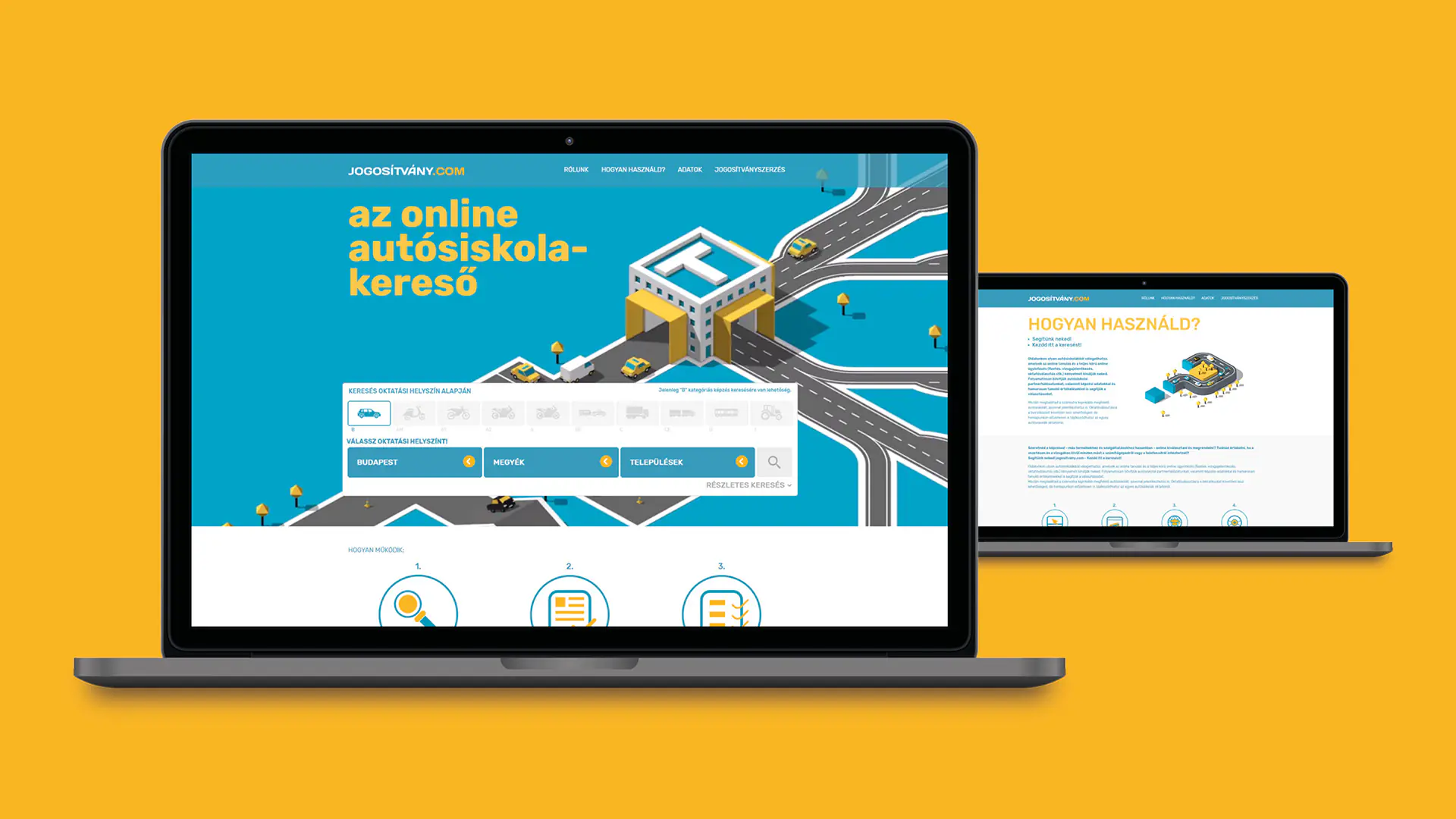 A jogositvany.com nyitóoldala és aloldala két laptop képernyőjén